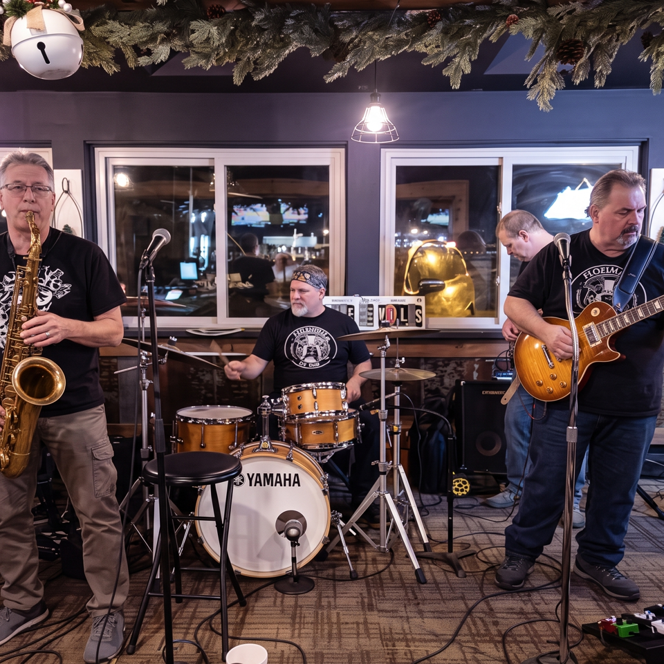 Live band performs in a warmly decorated restaurant, featuring saxophone, guitar, drums, and festive evergreen garlands.